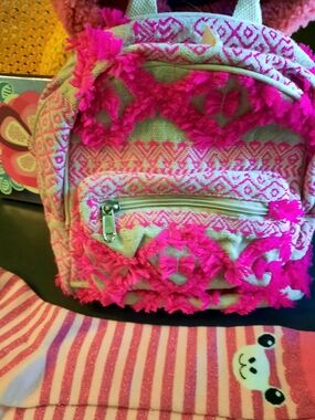 Adorb's Unique Girl's Hot Pink multi-purpose Mini Backpack w/ Fringe Geo Pattern